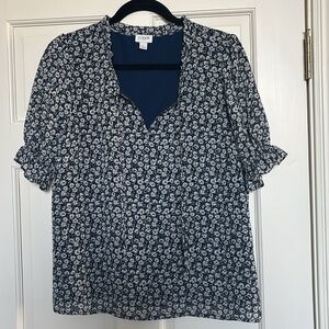 JCrew Factory navy floral tie neck blouse. Size L